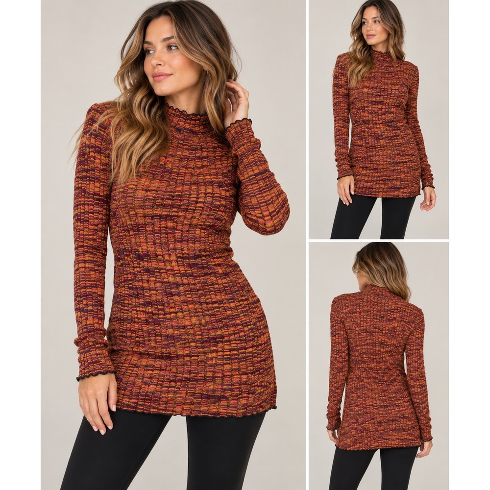 Sundance Womens Ribbed Mock Neck Tunic Sweater Space Dye Orange Red Medium